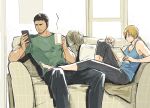  1boy 1girl beard_stubble black_hair blonde_hair blue_shirt cellphone chris_redfield coffee_mug commentary_request couch cup facial_hair green_shirt highres jill_valentine long_hair mug on_couch phone ponytail reading resident_evil resident_evil_5 shirt sitting smartphone stubble t_(t345678912) 