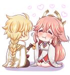  1boy 1girl aether_(genshin_impact) ahoge animal_ears blonde_hair blush braid braided_ponytail brown_gloves cape chopsticks closed_eyes commentary_request dress eating feeding food fox_ears genshin_impact gloves heart highres holding holding_chopsticks kneeling long_hair pink_hair tofu white_cape white_dress yae_miko yakisobapan_tarou_&amp;_negitoro-ko 