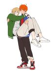  2boys :o ahoge akehoshi_subaru arms_around_neck bad_id bad_twitter_id black_pants blonde_hair blue_eyes blue_jacket bright_pupils carrying carrying_person eizi ensemble_stars! fingernails full_body green_jacket hair_between_eyes hand_on_another's_back hand_on_another's_thigh high_tops highres jacket long_sleeves looking_ahead looking_to_the_side louis_vuitton_(brand) male_focus male_underwear male_underwear_peek multiple_boys nike_(company) open_clothes open_jacket open_mouth orange_hair pale_skin pants pants_rolled_up pants_tucked_in parted_lips princess_carry profile red_shirt red_shoes shadow shirt shoes short_hair simple_background sleeves_past_wrists sneakers standing swept_bangs tenshouin_eichi track_jacket two-sided_fabric two-sided_pants two-sided_shirt underwear very_short_hair white_background white_pants white_pupils white_shirt white_shoes 