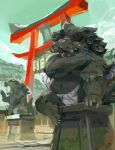  2016 anthro asian_mythology belly detailed_background duo east_asian_mythology eyes_closed foo_dog gku hi_res humanoid_hands japanese_mythology komainu male mammal mythology navel overweight overweight_male sitting tired yōkai 