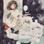  1girl absurdres acrylic_paint_(medium) air_bubble balloon barefoot bird black_background blunt_bangs brown_hair bubble closed_eyes closed_mouth commentary_request curly_hair dress duck expressionless feathers floating highres indoors karintoun long_sleeves looking_down medium_hair night original painting_(medium) portrait red_skirt simple_background skirt straight-on surreal traditional_media watercolor_(medium) wings 