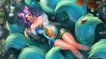  1girl ahri_(league_of_legends) animal_ears aqua_tail arm_at_side artist_name bare_arms bare_shoulders bird blue_eyes breasts cleavage collarbone commentary corrupted_twitter_file dress duck english_commentary english_text facial_mark fish fox_ears fox_girl fox_tail from_above hand_up highres kitsune knees_together_feet_apart leaf league_of_legends looking_to_the_side lying lying_on_water medium_breasts multicolored_dress multiple_tails nogatsu official_alternate_costume official_alternate_hair_color official_alternate_hairstyle on_back open_mouth purple_hair smile solo spirit_blossom_springs_ahri tail water whisker_markings 