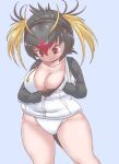  black_hair blonde_hair breasts bursting_breasts commentary_request hair_between_eyes hair_over_one_eye headphones hood hoodie jacket_tug kemono_friends large_breasts leotard maki_(02uh14l1b740ao2) multicolored_hair penguin_tail red_eyes red_hair rockhopper_penguin_(kemono_friends) short_hair shortstack tail white_leotard 