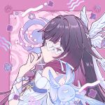  1girl absurdres bismas_bi black_hair closed_eyes closed_mouth columbina_(genshin_impact) commentary_request dress feathered_wings genshin_impact gradient_hair hair_ribbon head_wings highres luonnotar_(genshin_impact) multicolored_hair multiple_wings pink_hair ribbon sidelocks upper_body white_dress white_ribbon white_wings wings wrist_ribbon 