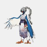 1:1 anthro avian beak bird black_body black_feathers blue_body blue_feathers breasts cheek_tuft cissa_(idorrth) clothing costume digital_media_(artwork) dress facial_tuft feathers feet female full-length_portrait green_eyes hair hi_res holding_out_hand neck_tuft open_mouth ponytail portrait raised_wings simple_background small_breasts smile solo standing stripes talons toes tuft urotori white_body white_feathers wings