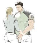  1boy 1girl beard_stubble black_hair blonde_hair blue_shirt chris_redfield commentary_request facial_hair green_shirt highres jill_valentine long_hair ponytail resident_evil resident_evil_5 shirt simple_background smile stubble t_(t345678912) white_background 