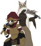 absurd_res alternate_costume angora_goat anthro armor black_body black_fur bovid caprine clothing corpse_paint cosplay covered_eyes crouching domestic_goat duo elden_ring female fromsoftware fur general_radahn goat grey_body grey_fur hair headgear helmet hi_res holding_object holding_weapon horn jasper_(youutorrent) male male/female mammal melee_weapon mouth_closed multicolored_body multicolored_fur murid murine princess_eliza_(therealnarrowjungle) rat red_hair robe rodent simple_background sketchy sword weapon white_background white_body white_fur yellow_eyes youutorrent