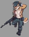  2013 anthro bottomwear canid canine canis clothing domestic_dog gku hat headgear headwear humanoid_hands male mammal pants pecs simple_background solo weapon 