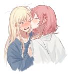  2girls bad_id bad_twitter_id blonde_hair blue_shirt blush casual closed_mouth collarbone cropped_torso face-to-face facing_another full-face_blush green_eyes hair_ornament hand_on_another's_shoulder hand_up kiss kissing_cheek long_hair long_sidelocks long_sleeves looking_at_another multiple_girls o3o o3o_o3q one_eye_closed parted_bangs peanut_mouth pink_hair profile puckered_lips shirt shoujo_kageki_revue_starlight shoujo_kageki_revue_starlight_-re_live- sidelocks simple_background sweatdrop teeth tsuruhime_yachiyo upper_body upper_teeth_only white_background white_shirt x_hair_ornament yumeoji_fumi yuri 