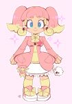  1girl :> audino blonde_hair blue_eyes blunt_bangs bow breasts closed_mouth commentary earrings eyelashes footwear_bow full_body highres humanization jacket jewelry long_sleeves medium_hair milka_(milk4ppl) multicolored_hair open_clothes open_jacket outline pink_hair pink_jacket pink_shoes pokemon shirt shoes sidelocks signature skirt smile socks solo sparkle standing straight-on two-tone_hair white_outline white_skirt yellow_bow yellow_shirt yellow_socks 