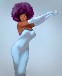  1girl absurdres afro alternate_hairstyle arms_up bare_shoulders big_hair bleach breasts cleavage commentary dark-skinned_female dark_skin dress elbow_gloves english_commentary gloves highres large_breasts looking_at_viewer purple_hair shihouin_yoruichi sira_(si12o2) smile solo strapless strapless_dress white_dress white_gloves yellow_eyes 