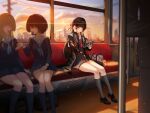  3girls arm_cutout bag bag_charm black_hair black_jacket black_serafuku black_shirt black_shoes black_skirt black_socks book breasts charm_(object) chisa_(wuthering_waves) clothing_cutout commentary_request hair_ribbon hand_up highres holding holding_book jacket long_hair long_sleeves medium_breasts multiple_girls namipon_(wuthering_waves) neckerchief red_eyes red_neckerchief red_ribbon ribbon sailor_collar school_bag school_uniform serafuku shirt shoes signature sitting skirt socks solo_focus tacet_mark_(wuthering_waves) thigh_strap thighs train_interior utim white_sailor_collar wuthering_waves 