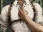  1boy adjusting_clothes amputee artist_name bolo_tie close-up collared_shirt commentary erwin_smith head_out_of_frame highres lewiathans male_focus shingeki_no_kyojin shirt sleeves_rolled_up solo veins veiny_arms white_shirt 