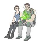  1boy 1girl beard_stubble black_gloves blue_shirt brown_hair chris_redfield commentary_request facial_hair fingerless_gloves gloves highres jill_valentine knee_pads pants plant potted_plant resident_evil shirt simple_background sitting smile sparkle stubble t_(t345678912) white_background 