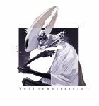  1boy 1other armor artist_name ben-day_dots black_cloak chain cloak commentary crack english_commentary english_text father_and_child highres hightguy hollow_eyes hollow_knight hollow_knight_(character) horns hug pale_king_(hollow_knight) pauldrons pure_vessel screentones shoulder_armor white_cloak 