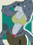 abs anthro bedroom_eyes biceps bottomwear bottomwear_down breasts clothed clothing digital_media_(artwork) dreamworks ear_piercing ear_ring f_draws felid female fur grey_body grey_fur half-closed_eyes hands_behind_head hi_res kitty_kat_(the_bad_guys) looking_at_viewer mammal midriff muscular muscular_anthro muscular_female narrowed_eyes navel open_bottomwear open_clothing open_pants pantherine panties pants pants_down partially_clothed piercing ring_piercing seductive shirt simple_background smile snow_leopard solo spots standing stick stick_in_mouth tail tank_top teeth the_bad_guys topwear underwear