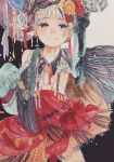  1girl absurdres acrylic_paint_(medium) bare_shoulders blush bow closed_mouth commentary_request cowboy_shot dress earrings expressionless hair_bow hair_ornament hair_ribbon hat highres jewelry karintoun long_hair looking_at_viewer necklace original painting_(medium) patterned portrait ribbon short_hair signature straight-on tears traditional_media water watercolor_(medium) white_hair 