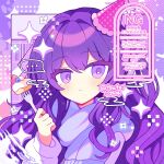  1girl blue_scarf blush borrowed_character cake cake_slice closed_mouth commentary_request commission dot_nose food fork hat highres holding holding_fork long_hair long_sleeves looking_at_viewer mole mole_under_mouth original pink_hat portrait purple_eyes purple_hair scarf shirocha_tei shirt skeb_commission solo sparkle twitter_username watermark white_shirt 