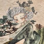  1girl absurdres acrylic_paint_(medium) chinese_clothes commentary_request folding_fan grey_hair hair_ornament hand_fan hanfu highres japanese_clothes karintoun looking_down open_mouth original painting_(medium) pine_tree pink_background portrait simple_background traditional_media tree watercolor_(medium) 