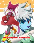  anthro blue_body blue_eyes blue_fur bodysuit canid canine chest_tuft clothed clothing domestic_cat duo felid feline felis female fur hair hi_res inner_ear_fluff kamen_rider kamen_rider_zero-one male mammal melee_weapon perfuman_tsurugi poncho purple_body purple_fur purple_hair purple_nose red_eyes skinsuit sword tight_clothing togeshiro_azami tsurugi_(perfuman_tsurugi) tuft weapon white_hair yellow_eyes 