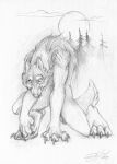  2019 4_toes 5_fingers absurd_res anthro canid canine canis fingers forest greyscale hi_res looking_at_viewer male mammal monochrome moon outside rakan scar sketch steel_(artist) toes traditional_media_(artwork) tree were werecanid werecanine werewolf wolf 