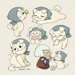  1girl :3 :o artist_name ayu_(mog) bug butterfly butterfly_on_nose card character_request closed_eyes closed_mouth commentary dog flying_sweatdrops grey_background grin hemuhemu holding holding_card multiple_views old old_woman open_mouth playing_card rakudai_ninja_rantarou sitting smile v-shaped_eyebrows 