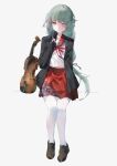  1girl absurdres alternate_costume alternate_hairstyle black_gloves black_jacket brown_shoes commentary gloves grey_background grey_eyes grey_hair hand_up heterochromia highres instrument jacket long_hair looking_at_viewer multicolored_hair pantyhose parted_lips phrolova_(wuthering_waves) red_eyes red_ribbon red_sailor_collar red_skirt ribbon sailor_collar school_uniform shigureszku shirt shoes simple_background sitting skirt solo streaked_hair violin white_pantyhose white_shirt wuthering_waves 