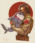  1boy 2025 absurdres animal artist_name black_shirt brown_hair brown_vest bucky_barnes captain_america_(series) closed_eyes collar commentary english_commentary highres holding holding_animal hug jeff_the_land_shark male_focus marvel marvel_rivals mask mouth_mask muscular muscular_male neo_jpeg parted_hair prosthesis prosthetic_arm red_collar scar scar_across_eye scar_on_face sharp_teeth shirt short_hair simple_background smile teeth upper_body vest winter_soldier 