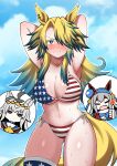  3girls absurdres alternate_costume american_flag american_flag_bikini american_flag_print animal_ears aramori_susumu armpits arms_up bikini blonde_hair blue_eyes blue_hair breasts cleavage closed_mouth colored_eyelashes commentary_request flag_print flag_print_bikini front-tie_bikini_top front-tie_top frown gradient_eyes gradient_hair gradient_tail hair_between_eyes highres horse_ears horse_girl horse_tail large_breasts leaning_forward long_hair looking_at_viewer multicolored_bikini multicolored_eyes multicolored_hair multiple_girls navel obey_your_master_(umamusume) oguri_cap_(umamusume) one_eye_closed open_mouth print_bikini side-tie_bikini_bottom smile solo_focus star-shaped_pupils star_(symbol) star_print stomach swimsuit symbol-shaped_pupils tail tamamo_cross_(umamusume) thighs two_side_up umamusume umamusume:_cinderella_gray yellow_tail 