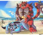  anthro bodily_fluids cum ejaculation erection fur genital_fluids incineroar lowemond male male/male muscular muscular_male nintendo penis pok&eacute;mon pok&eacute;mon_(species) video_games 