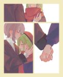  2girls absurdres bang_dream! bang_dream!_it's_mygo!!!!! brown_coat closed_eyes coat commentary_request geosmichi77 green_hair hair_ornament hairclip highres holding_hands interlocked_fingers kissing_head long_hair multiple_girls parted_lips purple_coat purple_hair red_scarf scarf short_hair wakaba_mutsumi yuri yuutenji_nyamu 