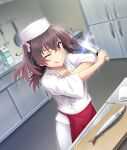  1girl :q apron asakura_mihono brown_eyes brown_hair cabinet chef chef_hat closed_mouth cutting_board diffraction_spikes dot_nose double-parted_bangs drink_carton dutch_angle fish fish_request flat_top_chef_hat frying_pan game_cg glint hat holding holding_knife japanese_clothes kimono kitchen kitchen_knife knife lens_flare looking_at_viewer medium_hair metal_floor milk_carton official_art one_eye_closed red_apron rolling_sleeves_up smile solo spatula third-party_source toji_no_miko toji_no_miko:_kizamishi_issen_no_tomoshibi tongue tongue_out towel twintails waist_apron white_hat white_kimono 