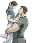  1boy 1girl black_hair blue_shirt brown_hair chris_redfield commentary_request from_side green_shirt highres jill_valentine lifting_person long_hair pants ponytail resident_evil shirt simple_background smile t_(t345678912) white_background 