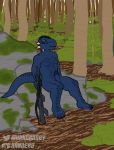  2019 4_toes 5_fingers anthro argonian balls bethesda_softworks biceps biped blue_body blue_scales blue_skin brown_eyes digital_media_(artwork) erection fingers forest gun hi_res humanoid_penis male moss muscular muscular_male nude penis plant ranged_weapon rock scales scalie shrub sitting solo spikes the_elder_scrolls toes tree tristen video_games weapon xanderg_(artist) 