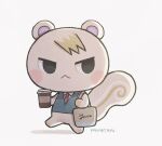  1boy :< animal_crossing animal_ears artist_name ayu_(mog) bag blonde_hair blue_vest blush_stickers chibi chibi_only closed_mouth commentary_request cup disposable_coffee_cup disposable_cup english_commentary full_body furry furry_male holding holding_cup male_focus marshal_(animal_crossing) mixed-language_commentary necktie red_necktie simple_background solo squirrel_boy squirrel_ears squirrel_tail standing tail v-shaped_eyes vest white_background 