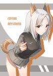  1girl animal_ears brave_witches brown_eyes commentary_request edytha_rossmann feet_out_of_frame fox_ears fox_girl fox_tail green_jacket highres holding holding_pointer jacket looking_at_viewer military_uniform no_pants pointer shima7_c shirt short_hair solo standing tail vest white_hair white_shirt world_witches_series 