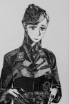  1girl bordfunker133 camera cross fingernails freckles frown genderswap genderswap_(mtf) greyscale hans-georg_schierholz hat highres holding holding_camera iron_cross jacket leather leather_jacket looking_at_viewer luftwaffe military_hat military_uniform monochrome nazi photo_(medium) real_life reichsadler schierholz-chan_(bordfunker133) solo swastika world_war_ii 
