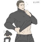  ... 1boy abs beard black_hair black_pants black_shirt chris_redfield closed_eyes commentary_request facial_hair highres male_focus pants resident_evil resident_evil_village shirt simple_background sitting t_(t345678912) village white_background 