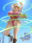  1girl :d absurdres adapted_costume alternate_breast_size_(larger) blonde_hair blue_sky breasts cape circlet commentary_request curvy green_eyes high_heel_sandals highres huge_breasts leotard looking_at_viewer magic open_mouth pink_leotard pointy_ears princess_zelda sandals sky smile solo super_smash_bros. the_legend_of_zelda tomo_eokaiteru white_cape 