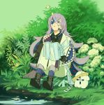  1boy :o black_gloves black_shirt black_shoes blue_hair blue_socks bush commentary cracked_skin extra_mouth flower full_body ghost gloves grass grey_eyes head_wreath highres hollow_body hoshirube_sho hoshirube_sho_(1st_costume) hugging_own_legs iridescent_clothes long_hair long_sleeves looking_up male_focus moku_(kedr2558) multicolored_hair nijisanji otomo_(hoshirube_sho) pants pond purple_hair shirt shoes sitting socks solo streaked_hair tentacle_hair two-tone_shirt very_long_hair virtual_youtuber white_flower white_pants white_shirt yellow_flower 