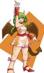  1girl :o alternate_costume alternate_hairstyle arm_up blush brown_background brown_eyes commentary_request draco_centauros dragon_girl dragon_horns dragon_tail dragon_wings fang flame_print green_hair hair_over_one_eye henshin_pose highres horns index_finger_raised kurokogeee leg_ribbon long_bangs open_mouth orange_tube_top orange_wrist_cuffs pink_ribbon pink_trim pointy_ears puyopuyo red_sash red_shoes red_wrist_cuffs ribbon sandals sash shoes short_hair short_hair_with_long_locks side_slit simple_background solo strapless swept_bangs tail tube_top two-tone_tube_top two-tone_wrist_cuffs v-shaped_eyebrows white_background white_tube_top wings wrist_cuffs 