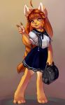  2017 4_toes anthro bag barefoot biped bottomwear canid canine canis clothing cute_fangs domestic_dog feet female gesture hair heartzmd hi_res long_hair looking_at_viewer mammal open_mouth ribbons school_uniform skirt smile solo spread_toes standing talilly toes uniform v_sign young 