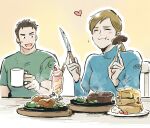  1boy 1girl beard_stubble black_hair blue_shirt chair chris_redfield closed_eyes coffee_mug commentary_request cup eating facial_hair food food_on_face fork green_shirt heart highres holding holding_knife jill_valentine knife mug on_chair plate resident_evil shirt simple_background sitting smile stubble sweatdrop t_(t345678912) 