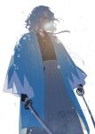  1boy absurdres aqua_haori black_kimono dual_wielding fate/grand_order fate_(series) grey_hair grey_hakama hakama haori highres holding japanese_clothes katana kimono ma_koneko saitou_hajime_(fate) saitou_hajime_(third_ascension)_(fate) snow snowing solo sword tasuki unsheathed watermark wavy_hair weapon yellow_eyes 