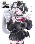 1girl @_@ absurdres ahoge animal_ear_fluff animal_ears artist_name bag bare_shoulders belt black_bag black_belt black_bow black_collar black_hair black_nails black_ribbon black_shirt black_skirt black_sleeves bow breasts cleavage collar collarbone cowboy_shot detached_sleeves dot_nose fingernails fish_hair_ornament hair_ornament hands_up haze_(7h4ze) heart-shaped_bag highres holding holding_panties holding_underwear holding_unworn_clothes large_breasts light_blush long_fingernails long_sleeves multicolored_hair nail_polish open_mouth original panties personification photo_inset piercing red_eyes red_panties reference_inset ribbon shirt shoulder_bag simple_background skirt skunk skunk_ears skunk_girl skunk_tail solo tail teeth thighs tongue tongue_piercing two-tone_hair underwear unworn_panties upper_teeth_only white_background white_hair 
