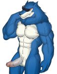  2019 abs anthro balls barazoku biceps blue_body blue_fur canid canine canis digimon digimon_(species) erection eyewear fangs fur glasses hi_res humanoid_penis looking_at_viewer machgaogamon male mammal manly muscular navel nipples nude pecs penis seyrmo sharp_teeth simple_background solo standing teeth thick_thighs triceps uncut vein veiny_penis white_background white_body white_fur wolf yellow_eyes 