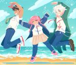  1girl 2boys ahoge arm_up arms_up beach blue_jacket blue_pants blue_pantyhose blue_sky breast_pocket brown_eyes brown_hair brown_shoes cloud collared_shirt commentary danganronpa_(series) danganronpa_2:_goodbye_despair danganronpa_2x2 day drawstring english_commentary full_body green_jacket green_necktie hair_ornament hinata_hajime jacket jumping komaeda_nagito midair minhtblue multiple_boys nanami_chiaki neck_ribbon necktie no_sclera ocean open_clothes open_jacket open_mouth outdoors outstretched_arms pants pantyhose pink_eyes pink_hair pink_ribbon pink_shoes pocket ribbon shirt shoelaces shoes shore short_hair short_sleeves skirt sky smile spread_arms star_(symbol) sweat water white_shirt white_shoes yellow_skirt 