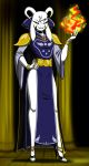  asriel_dreemurr_(god_form) belt black_sclera boss_monster bovid bracelet cape caprine clothed clothing crossdressing crovirus delta_rune_(emblem) dress fangs fire footwear girly hi_res high_heels horn jewelry looking_at_viewer male mammal necklace pendant ring shoes simple_background slit_dress smile symbol undertale video_games 