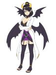  1girl bat_tattoo black_hair blue_eyes breasts cleavage commentary_request demon demon_girl demon_horns demon_wings digimon digimon_(creature) eyeshadow facial_mark fallen_angel forehead_mark forehead_tattoo hair_ornament highres horns large_breasts lilithmon looking_at_viewer makeup manchi_kansuke multiple_wings pointy_ears purple_eyeshadow purple_lips short_hair solo tattoo wings 