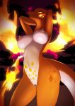  2019 absurd_res anthro anthrofied breasts censored dragon female fire flaming_tail flaming_wings gigantamax_charizard gigantamax_pok&eacute;mon hi_res horn looking_at_viewer nintendo nipples nude orange_body orange_scales pok&eacute;mon pok&eacute;mon_(species) pussy scales solo umisag85rabb99 video_games wings 